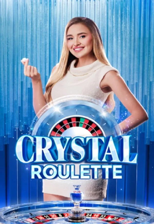 Cartel vertical de una mesa de ruleta en vivo con presentadora y el título del juego en letras azules.