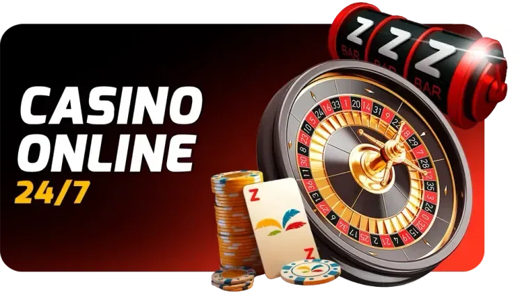 Pieza con el texto «Casino online 24/7», una ruleta dorada, fichas apiladas y una carta con el distintivo de la marca sobre fondo rojo y negro.