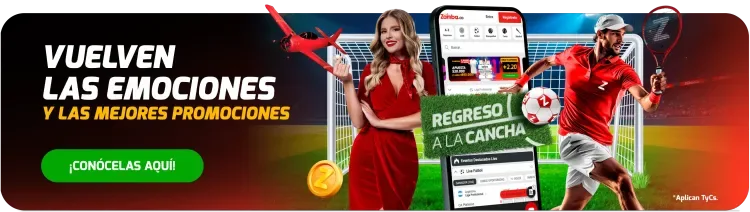 Pieza promocional alargada con el texto «Vuelven las emociones», dos personas con ropa deportiva, un teléfono con la interfaz de apuestas y la nota «Aplican TyCs» en una esquina.