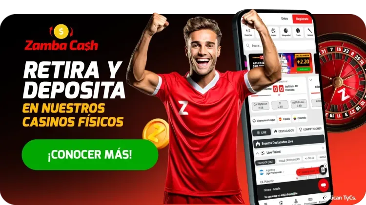 Pieza con el rótulo «Zamba Ca$h» y el texto «Retira y deposita en nuestros casinos físicos», una persona con camiseta roja de la marca y un teléfono con la interfaz de apuestas.