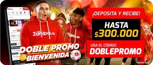 Tarjeta publicitaria con el texto «Doble promo bienvenida», un teléfono con la interfaz de la marca, un recuadro con un monto y otro que muestra un código promocional, más la nota «Aplican TyCs» en letra pequeña.